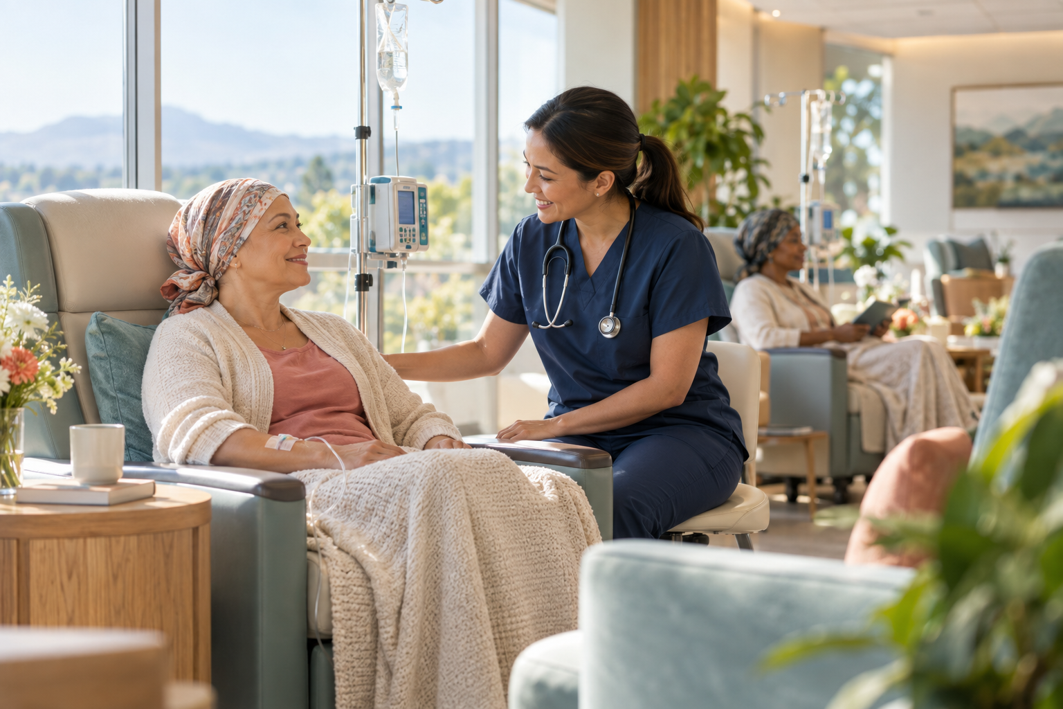 A patient receiving chemotherapy with support from an oncology nurse