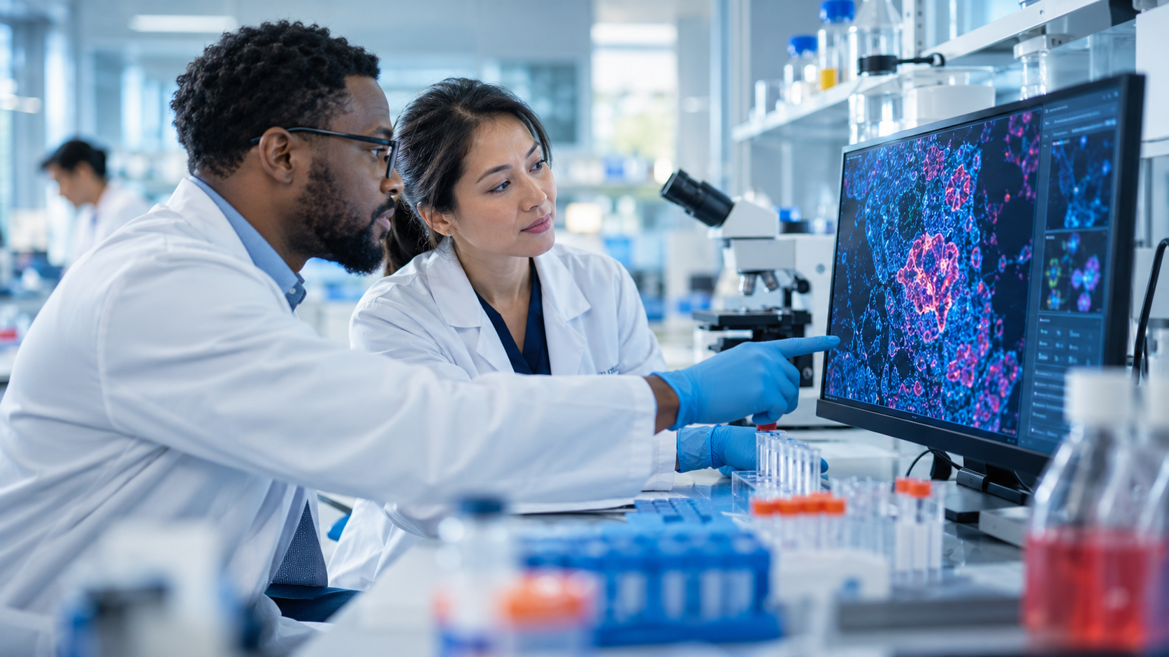 Cancer researchers reviewing microscopy results in a laboratory