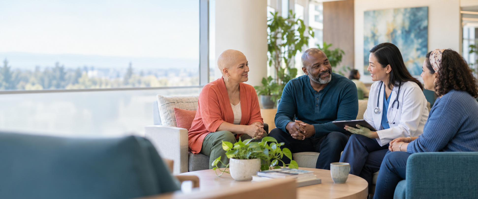 Adults speaking with an oncology clinician in a bright care center