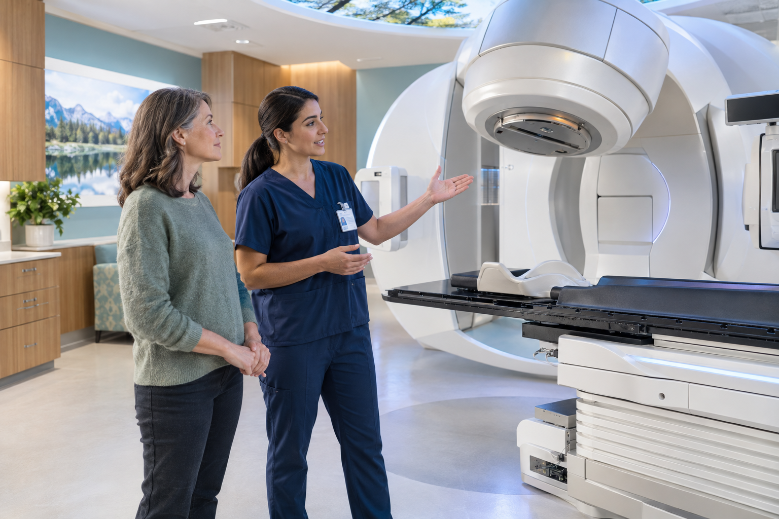 A radiation therapist explaining a linear accelerator to a patient