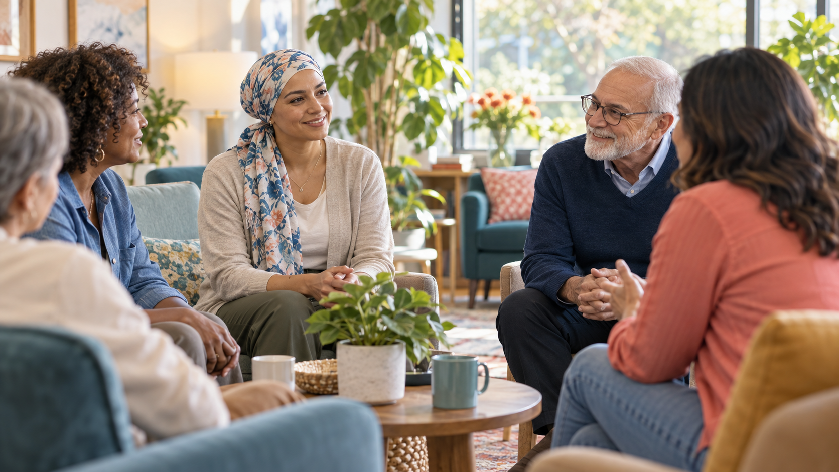 Cancer survivors and caregivers sharing support in a welcoming group